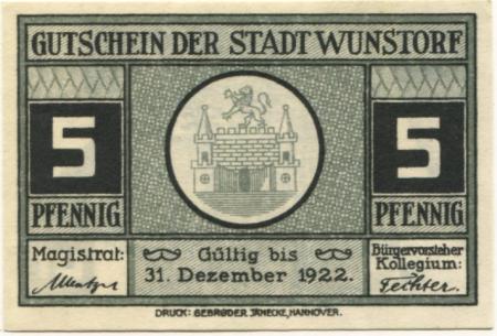 Wunstorf - Stadt - - 31.12.1922 - 5 Pfennig 