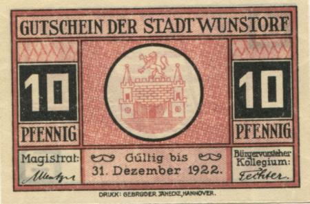 Wunstorf - Stadt - - 31.12.1922 - 10 Pfennig 