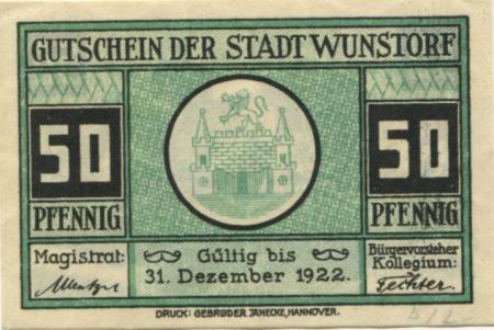 Wunstorf - Stadt - - 31.12.1922 - 50 Pfennig 