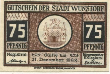 Wunstorf - Stadt - - 31.12.1922 - 75 Pfennig 