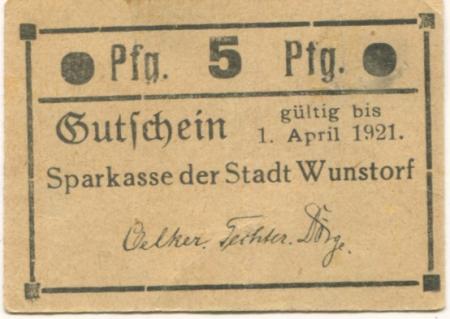 Wunstorf - Sparkasse der Stadt - - 1.4.1921 - 5 Pfennig 