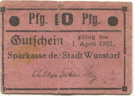 Wunstorf - Sparkasse der Stadt - - 1.4.1921 - 10 Pfennig 