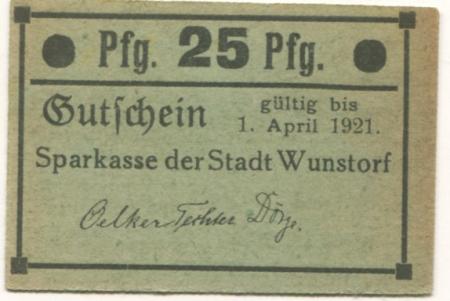 Wunstorf - Sparkasse der Stadt - - 1.4.1921 - 25 Pfennig 