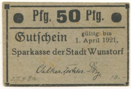 Wunstorf - Sparkasse der Stadt - - 1.4.1921 - 50 Pfennig 