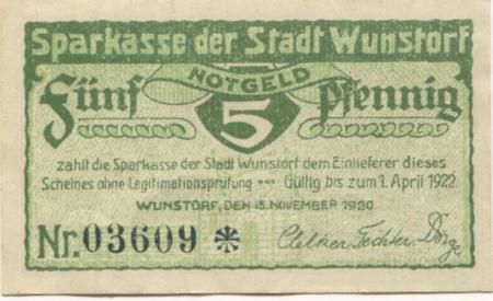 Wunstorf - Sparkasse der Stadt - 15.11.1920 - 1.4.1922 - 5 Pfennig 
