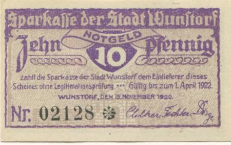 Wunstorf - Sparkasse der Stadt - 15.11.1920 - 1.4.1922 - 10 Pfennig 