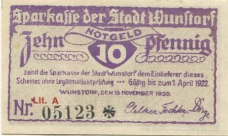 Wunstorf - Sparkasse der Stadt - 15.11.1920 - 1.4.1922 - 10 Pfennig 