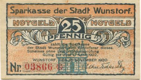 Wunstorf - Sparkasse der Stadt - 15.11.1920 - 1.4.1922 - 25 Pfennig 