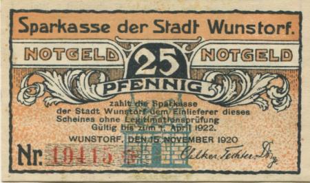 Wunstorf - Sparkasse der Stadt - 15.11.1920 - 1.4.1922 - 25 Pfennig 