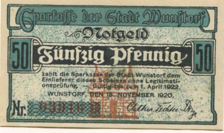 Wunstorf - Sparkasse der Stadt - 15.11.1920 - 1.4.1922 - 50 Pfennig 