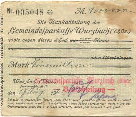 Wurzbach - Gemeinde-Sparkasse - 17.8.1923 - 1 Million Mark 