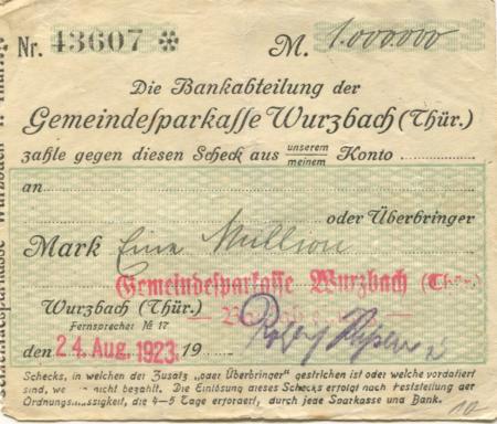 Wurzbach - Gemeinde-Sparkasse - 24.8.1923 - 1 Million Mark 