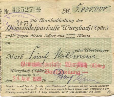 Wurzbach - Gemeinde-Sparkasse - 24.8.1923 - 5 Millionen Mark 