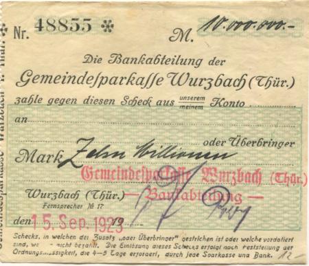 Wurzbach - Gemeinde-Sparkasse - 15.9.1923 - 10 Millionen Mark 