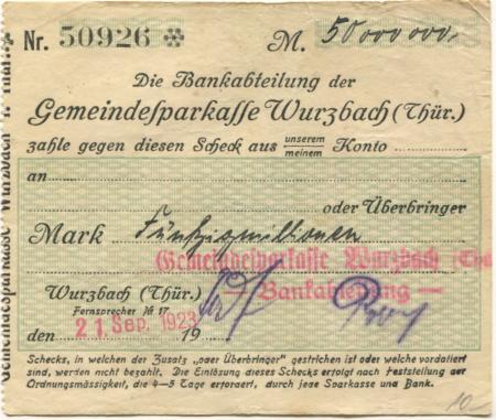 Wurzbach - Gemeinde-Sparkasse - 21.9.1923 - 50 Millionen Mark 
