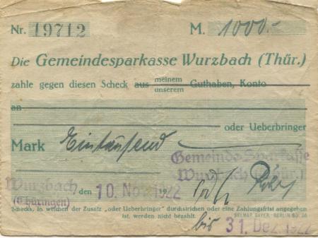 Wurzbach - Gemeinde-Sparkasse - 10.11.1922 - 31.12.1922 - 1000 Mark 