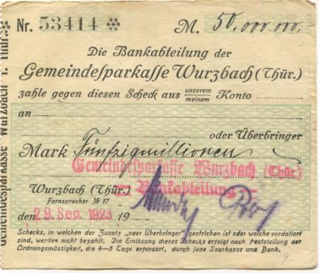 Wurzbach - Gemeinde-Sparkasse - 29.9.1923 - 50 Millionen Mark 