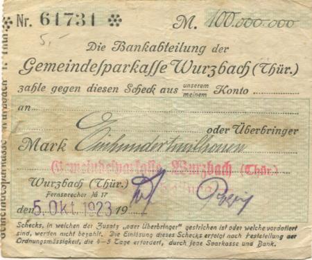 Wurzbach - Gemeinde-Sparkasse - 5.10.1923 - 100 Millionen Mark 