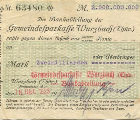 Wurzbach - Gemeinde-Sparkasse - 18.10.1923 - 2 Milliarden Mark 