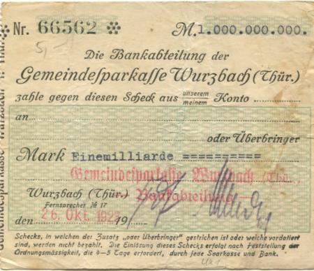 Wurzbach - Gemeinde-Sparkasse - 26.10.1923 - 1 Milliarde Mark 
