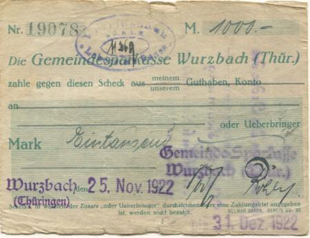 Wurzbach - Gemeinde-Sparkasse - 25.11.1922 - 31.12.1922 - 1000 Mark 
