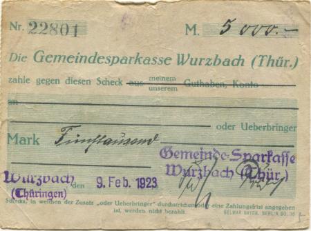 Wurzbach - Gemeinde-Sparkasse - 9.2.1923 - 5000 Mark 