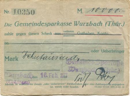 Wurzbach - Gemeinde-Sparkasse - 16.2.1923 - 10000 Mark 