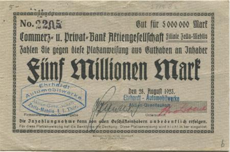 Zella-Mehlis - Ehrhardt, Automobilwerke AG - 28.8.1923 - 5 Millionen Mark 