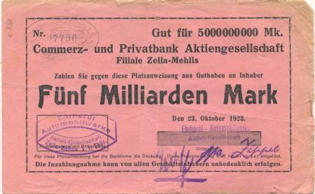 Zella-Mehlis - Ehrhardt, Automobilwerke AG - 23.10.1923 - 5 Milliarden Mark 