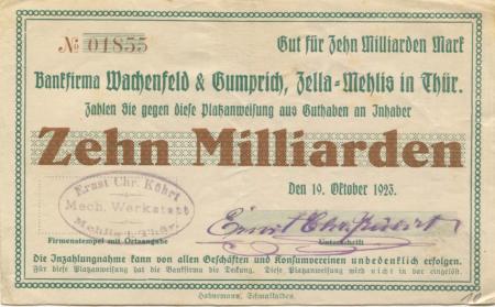 Zella-Mehlis - Kührt, Ernst Christian, Mechanische Werkstatt - 19.10.1923 - 10 Milliarden Mark 