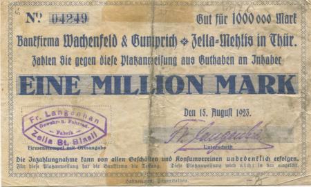 Zella-Mehlis - Langenhan, F., Gewehr- und Fahrrad-Fabrik, Forstgasse 27 - 15.8.1923 - 1 Million Mark 