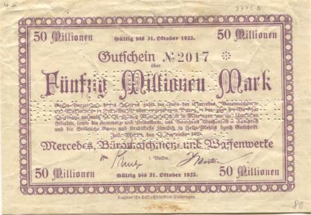 Zella-Mehlis - Mercedes, Büromaschinen- und Waffenwerke - 25.9.1923 - 31.10.1923 - 50 Millionen Mark 
