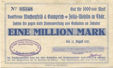 Zella-Mehlis - Vereinigte Thüringer Metallwaren-Fabriken AG - 15.8.1923 - 1 Million Mark 