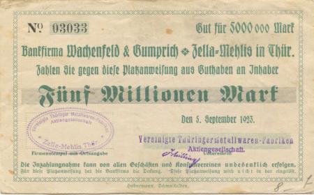 Zella-Mehlis - Vereinigte Thüringer Metallwaren-Fabriken AG - 5.9.1923 - 5 Millionen Mark 