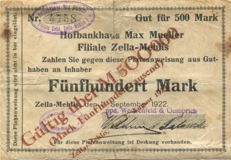 Zella-Mehlis - Wachenfeld & Gumprich, Bankfirma - 2.8.1923 - 500000 Mark 