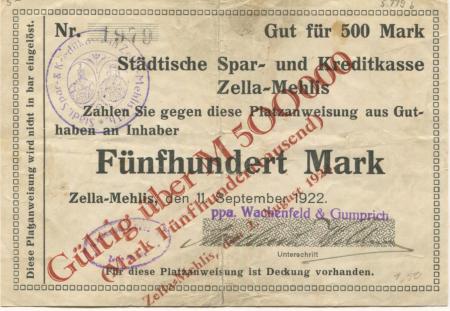 Zella-Mehlis - Wachenfeld & Gumprich, Bankfirma - 2.8.1923 - 500000 Mark 