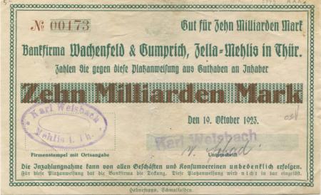 Zella-Mehlis - Weisbach, Karl - 19.10.1923 - 10 Milliarden Mark 