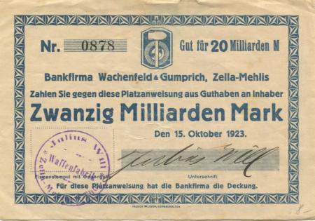 Zella-Mehlis - Will, Julius, Waffenfarik - 15.10.1923 - 20 Milliarden Mark 