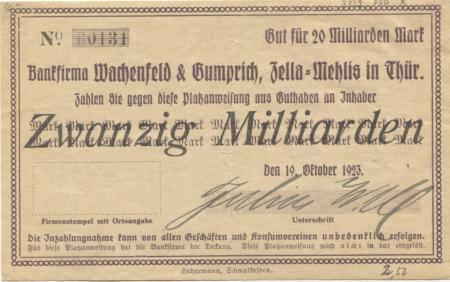Zella-Mehlis - Will, Julius, Waffenfarik - 19.10.1923 - 20 Milliarden Mark 