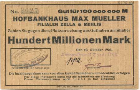 Zella-Mehlis - Will, Oscar, Venuswaffenwerk - 10.10.1923 - 100 Millionen Mark 