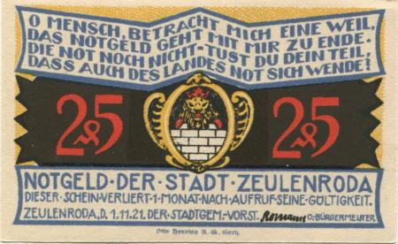 Zeulenroda - Stadt - 1.11.1921 - 25 Pfennig 