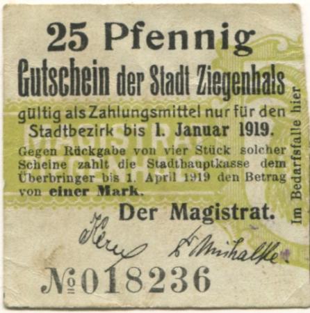 Ziegenhals (heute: PL-Glucholazy) - Stadt - - 1.1.1919 - 25 Pfennig 