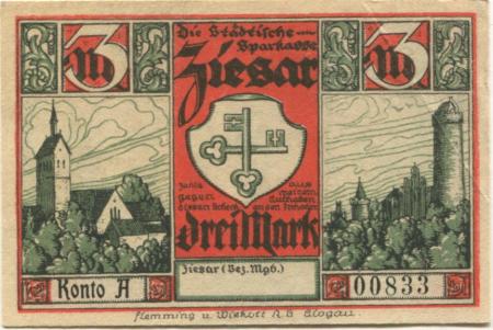 Ziesar - Städtische Sparkasse - -- - 3 Mark 