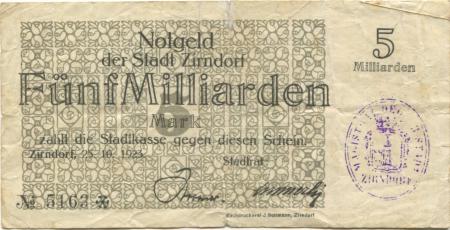 Zirndorf-  Stadt - 25.10.1923 - 5 Milliarden Mark 