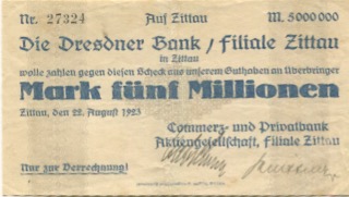 Zittau - Commerz- und Privatbank AG, Filiale Zittau - 22.8.1923 - 5 Millionen Mark 