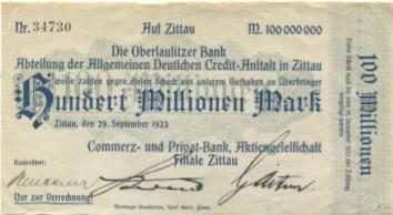 Zittau - Commerz- und Privatbank AG, Filiale Zittau - 29.9.1923 - 100 Millionen Mark 