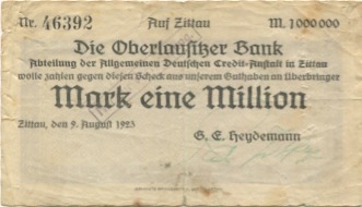 Zittau - Heydemann, G. E., Bank - 9.8.1923 - 1 Million Mark 