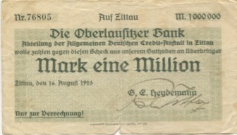 Zittau - Heydemann, G. E., Bank - 16.8.1923 - 1 Million Mark 