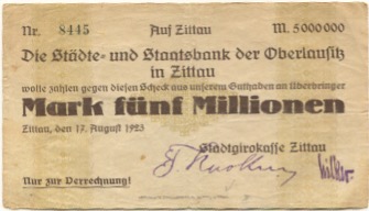 Zittau - Stadtgirokasse - 17.8.1923 - 5 Millionen Mark 