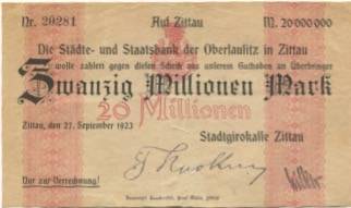 Zittau - Stadtgirokasse - 27.9.1923 - 20 Millionen Mark 